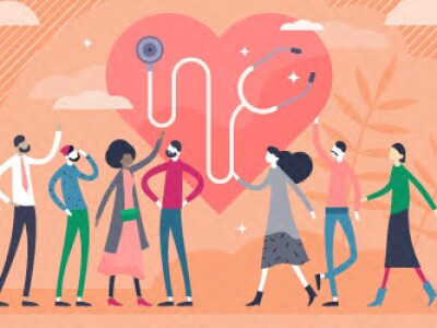 Artist's conception of public health: drawing of diverse people surrounding a heart and a stethoscope.