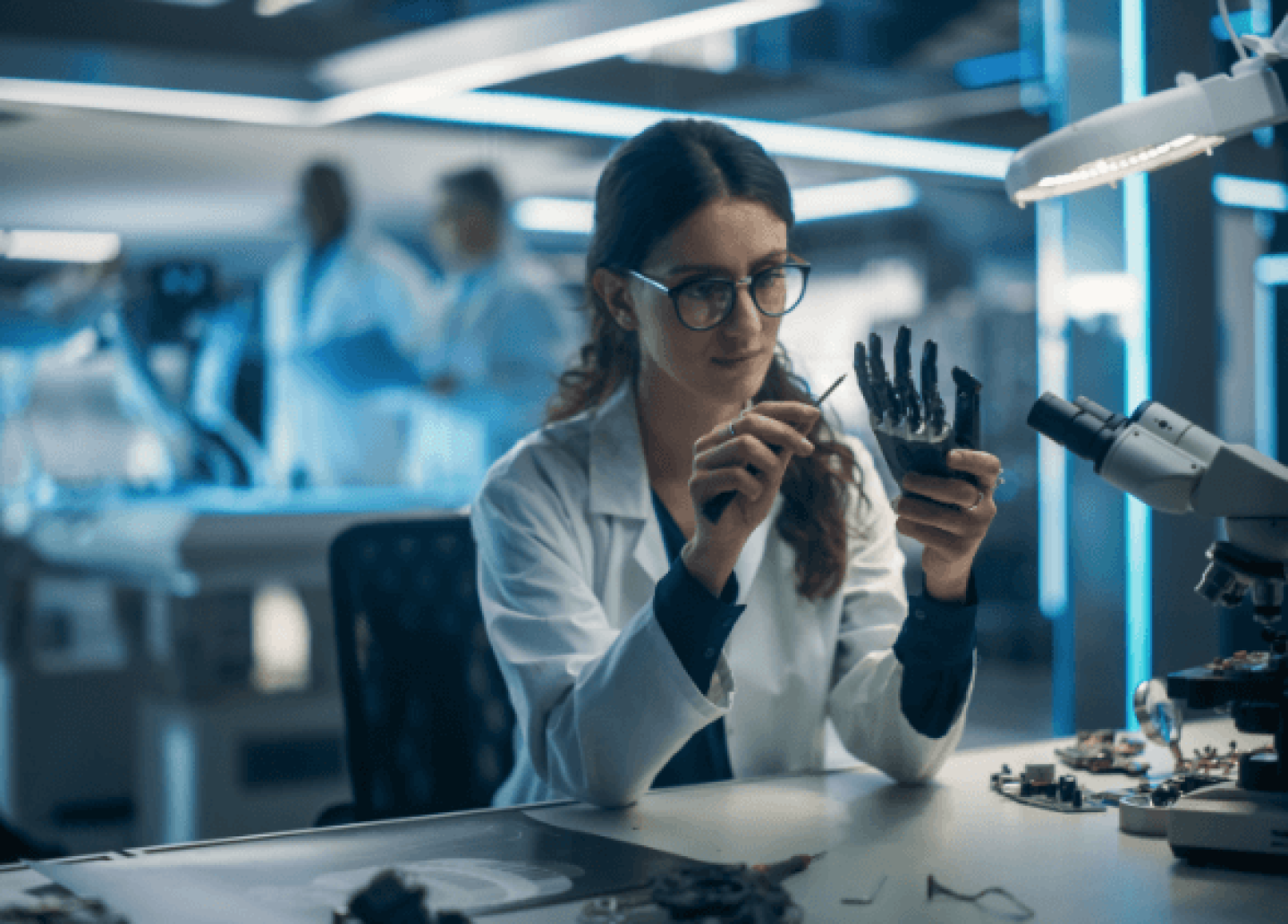 Woman in lab coat building mechanical hand with screwdriver