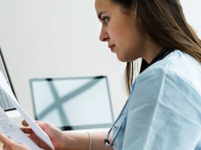 Female nursing manager sits at a desk in front of a computer as she reviews paper reports.