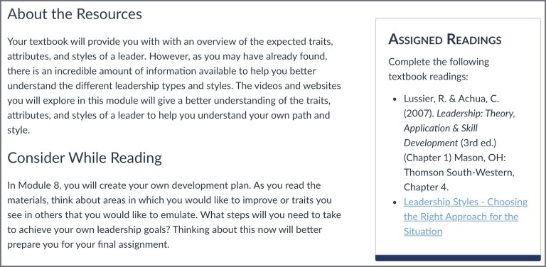 Screenshot of Canvas page showing a Consider While Reading paragraph related to the reading.