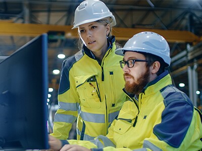 two engineers looking at computer
