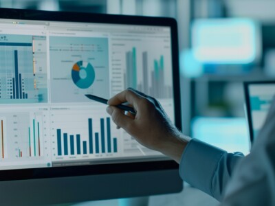 man pointing at financial charts and data