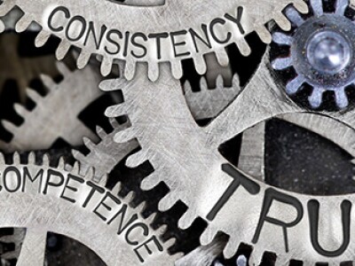 Image of interlocking gears labeled with Trust, Reliability, Consistency, Competence, Integrity and Sincerity