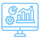 Icon of a computer monitor displaying various data visualization elements including a pie chart, a bar chart, a line graph, and a gear symbol, representing comprehensive data analytics and settings.