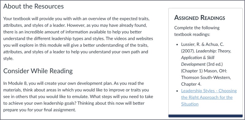 Screenshot of Canvas page showing a Consider While Reading paragraph related to the reading.