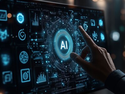 A hand touches a glowing "AI" button at the center of a futuristic digital interface with various icons.