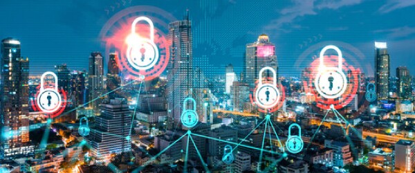 Evening city scene that has security locks overlaid on it