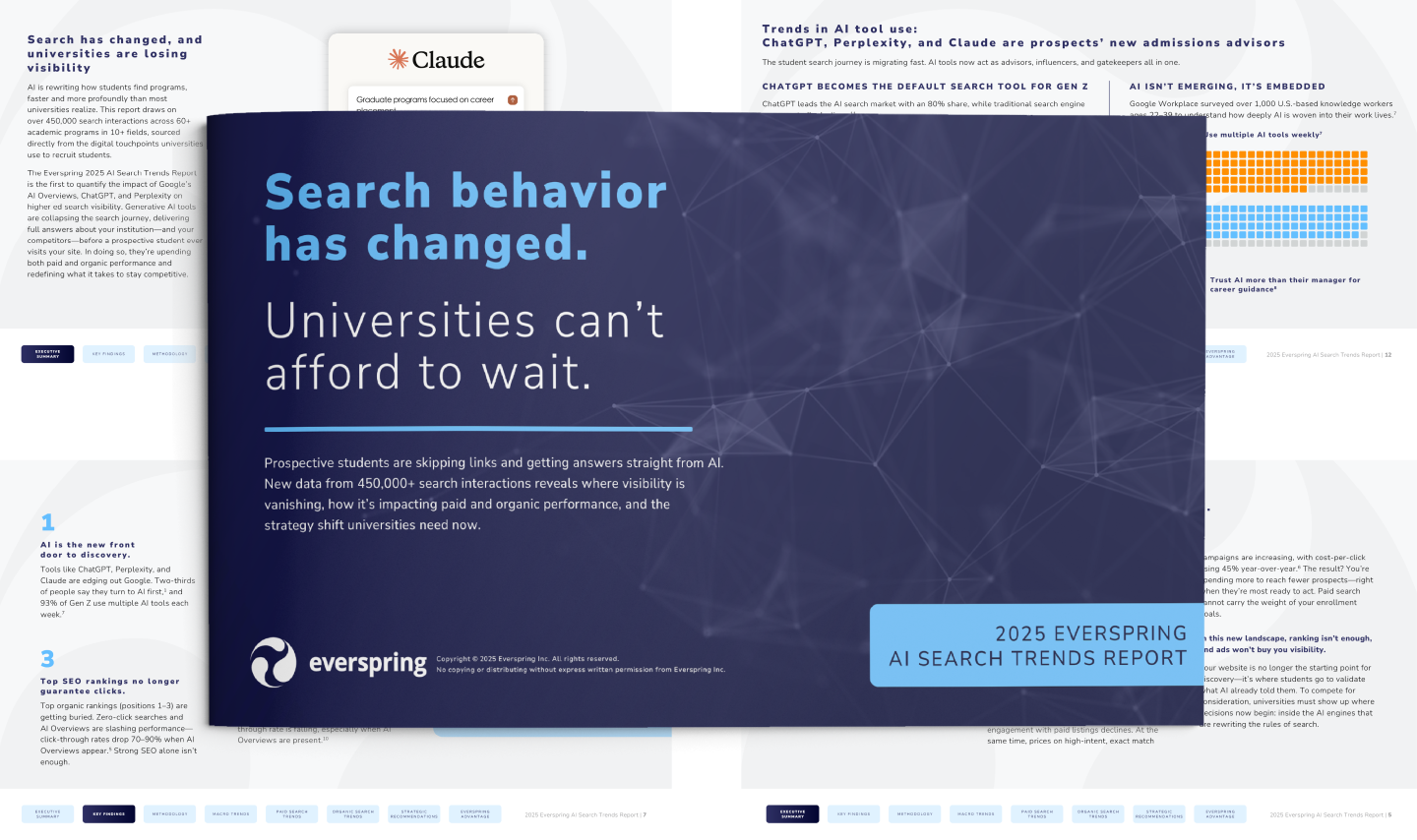 Cover of the "2025 Everspring AI Search Trends Report" titled "The AI Cliff," highlighting declining higher ed search visibility due to AI.
