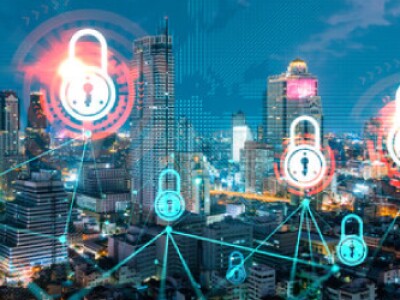 Evening city scene that has security locks overlaid on it