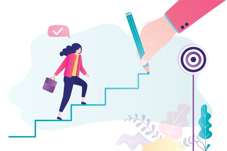 An instructor climbing a ladder towards a goal