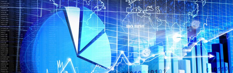 Graphic shows a pie chart , bar chart, and line graph over a world map