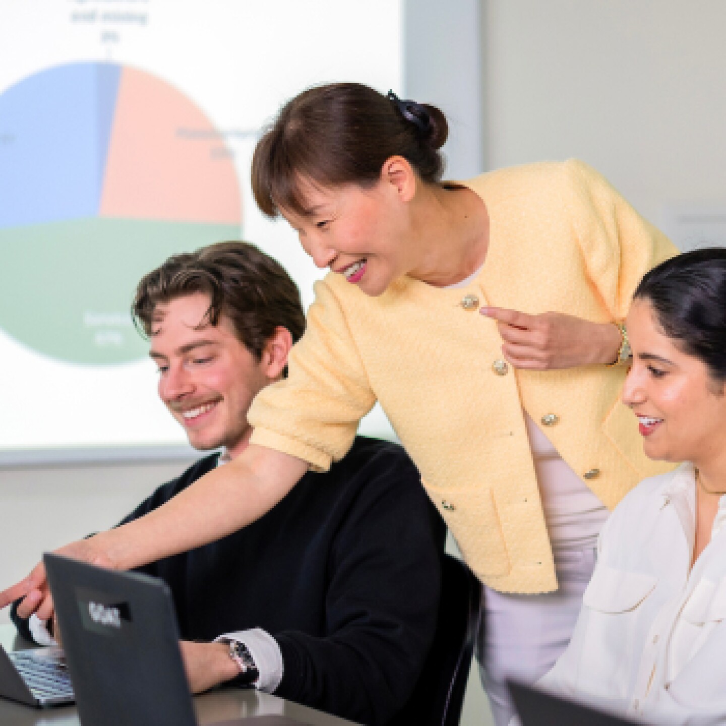 A female CSUMB professors assisting students with their balanced scorecard project.