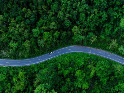 Aerial shot of a car driving along a two-lane road snaking through a lush, green forest.
