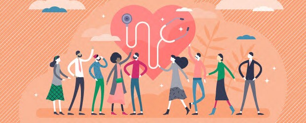 Artist's conception of public health: drawing of diverse people surrounding a heart and a stethoscope.