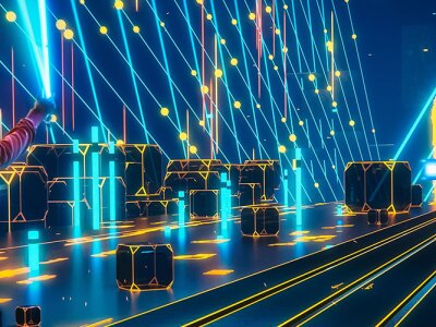 Person using VR headset in a neon-lit virtual environment, illustrating gamification and immersive game-based learning experiences.