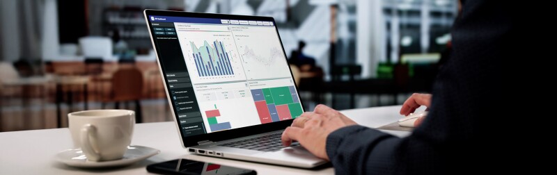 Man analyzing data charts on his laptop in a cafe