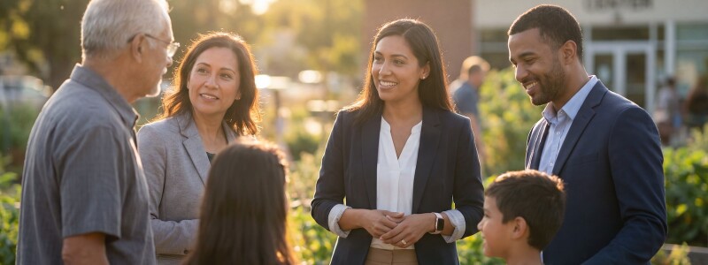 Professionals talk with a multigenerational family outside a community center