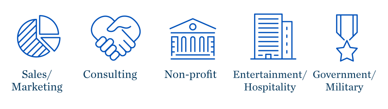 sales/marketing, consulting, non-profit, entertainment/hospitality, government/military