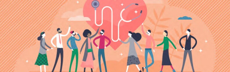 Artist's conception of public health: drawing of diverse people surrounding a heart and a stethoscope.