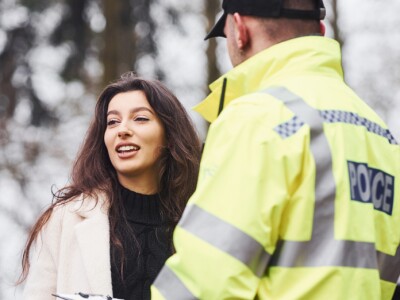 Police officer interviewing young woman