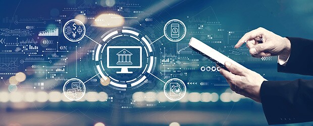 FinTech trends visual analysis tool, man with tablet