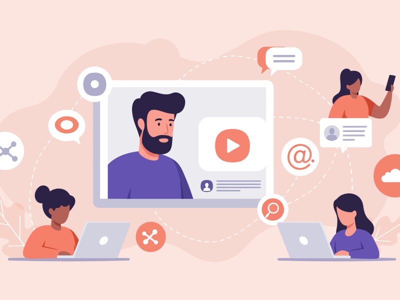 e-learning illustration showing people attending an online course