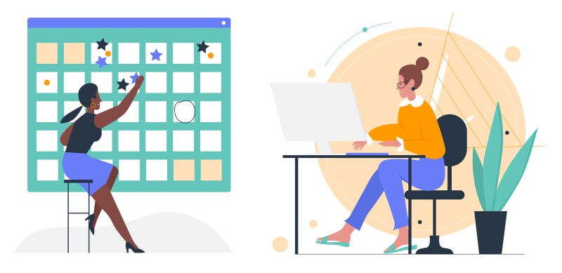 An instructor updating a calendar and an instructor working on a computer