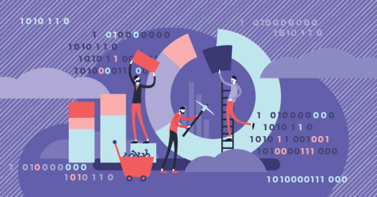 Multicolor graphic showing workers increasing stacks of ones and zeros, representing electronic data