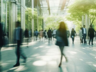 Sustainability in business center concept, business people crowd walking at corporate office in green city.