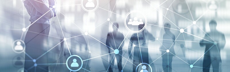 Human silhouettes behind a graphic of symbols connecting people to each other