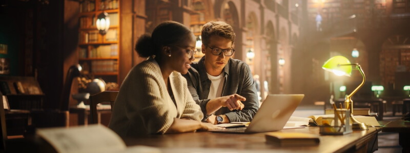 Two MSW students reviewing a virtual case simulation together