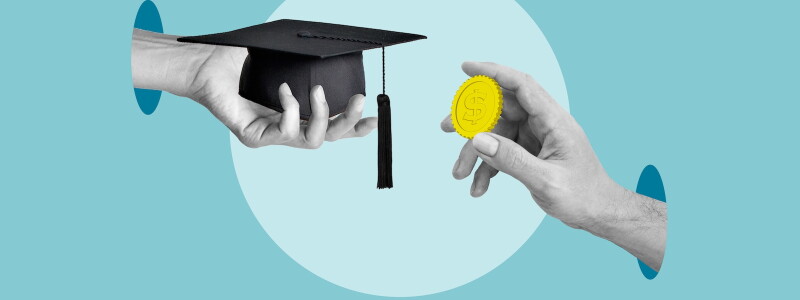 A graphic illustration shows hands exchanging a graduation cap for a cartoon dollar coin.