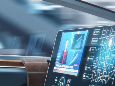 Businessman reading notebook and watching news while sitting in a autonomous self-driving car