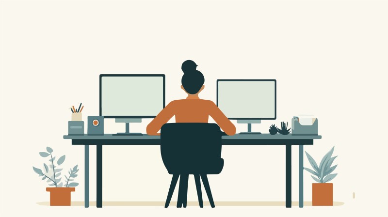 A woman working at a desk with two monitors.