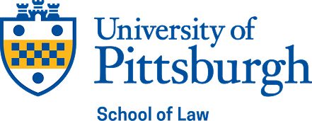 University of Pittsburgh School of Law logo with blue and gold shield and castle icon beside the school name in blue text.