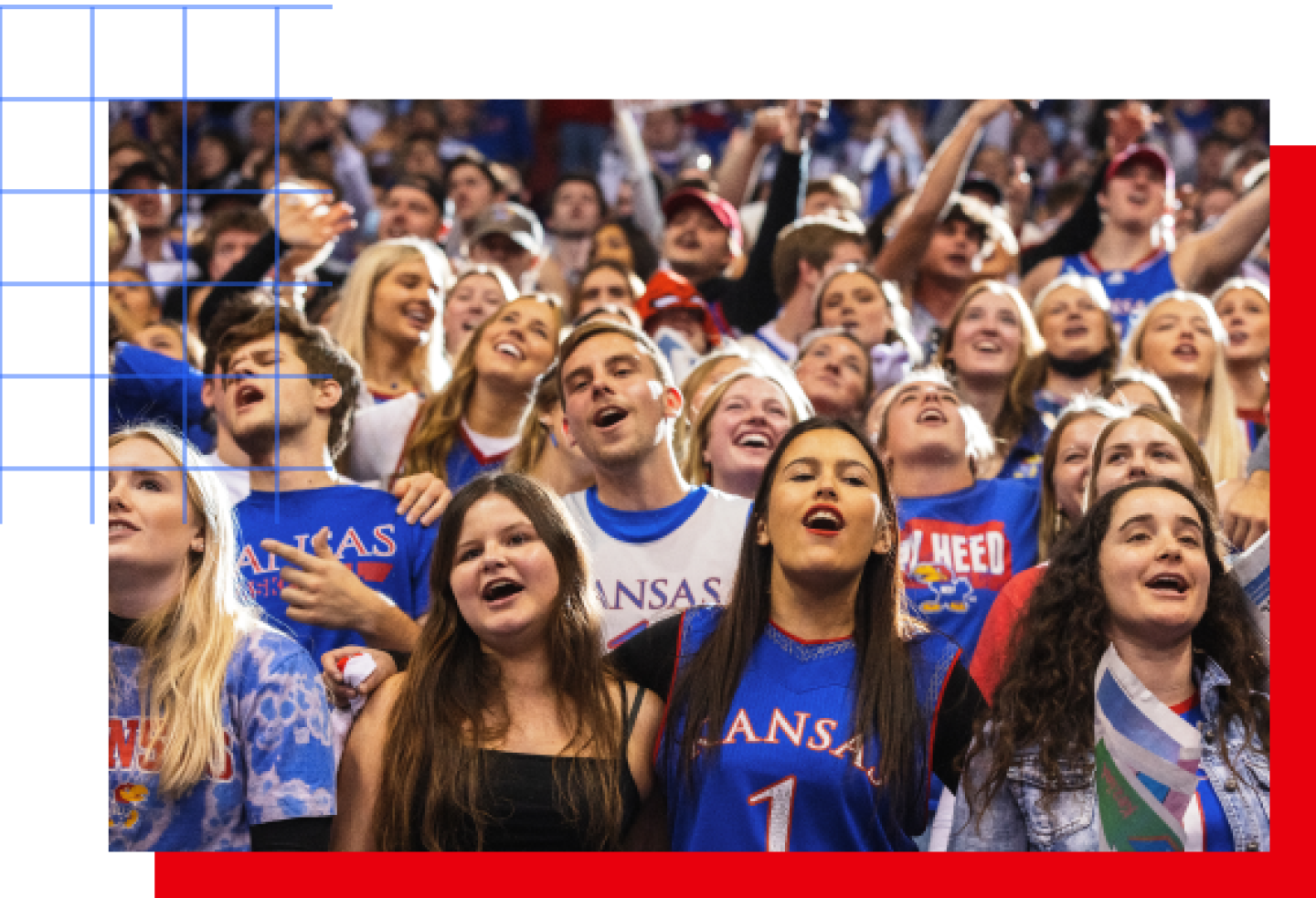 A close-up shot of KU students cheering at a KU basketball game.