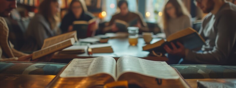 A group of people share bible study around a table, in front of a window