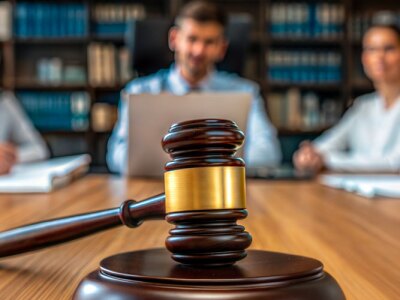 Judge’s gavel with legal professionals having a team meeting in a law firm.