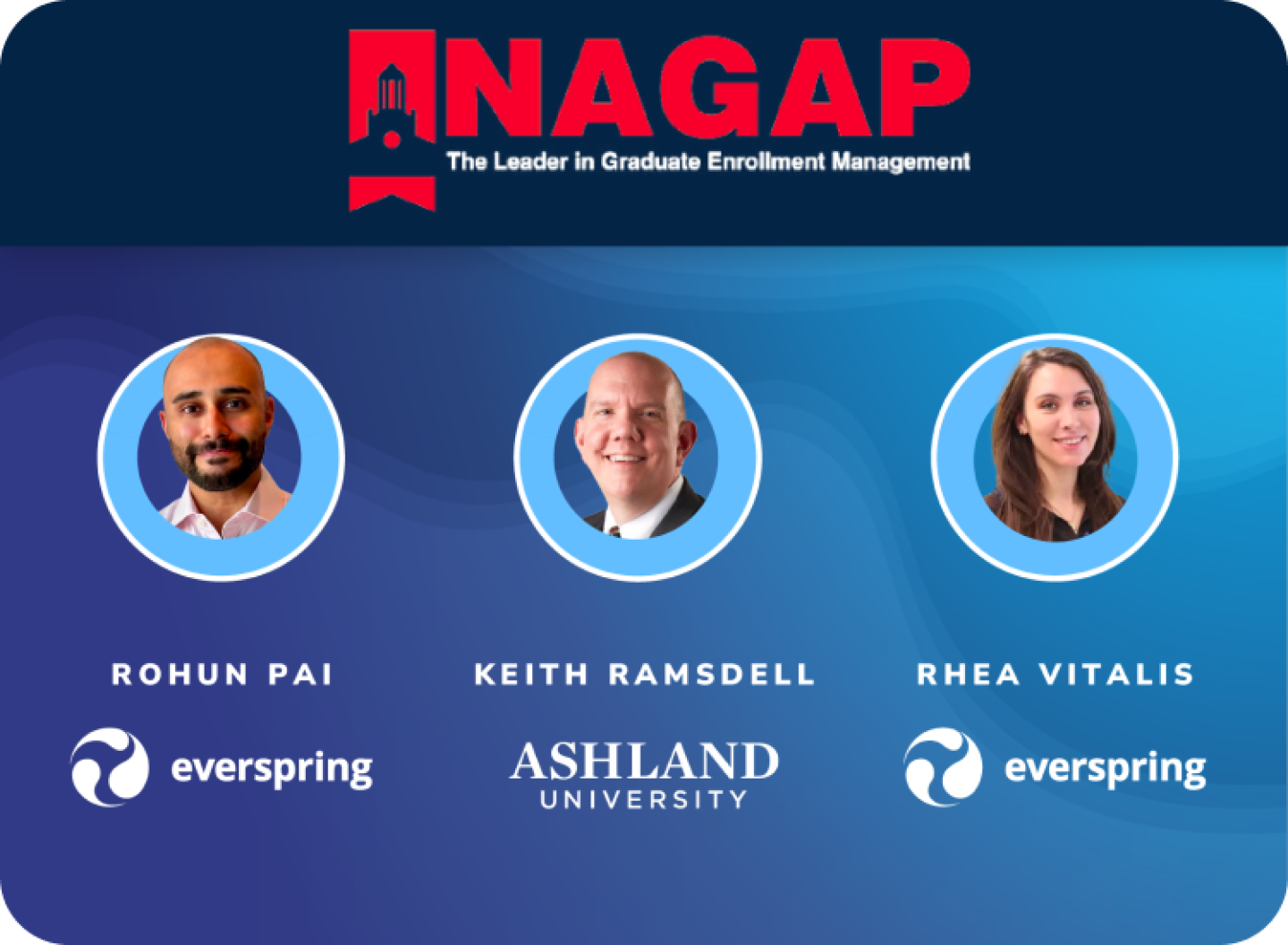 Webinar speakers Rohun Pai, Keith Ramsdell, and Rhea Vitalis with logos for Everspring, Ashland University, and NAGAP.
