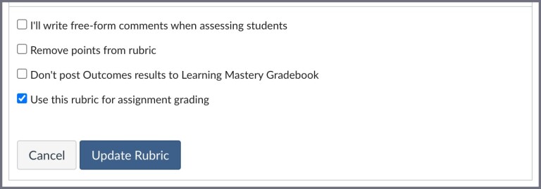 Screenshot of syncing rubric to gradebook in Canvas.