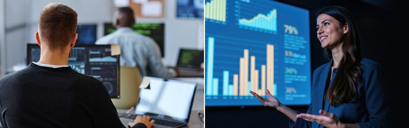 Split image with data scientist on the left and business analyst on the right.