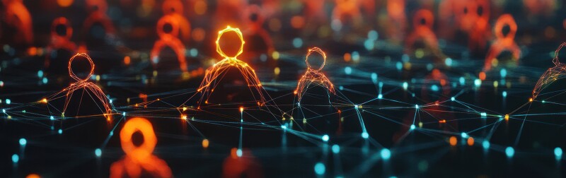 A digital illustration of interconnected human-like figures made of glowing lines and nodes, symbolizing data networks and customer behavior analysis