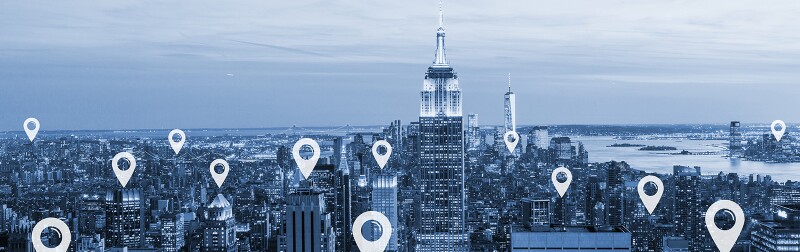New York City skyline with location markers over various buildings