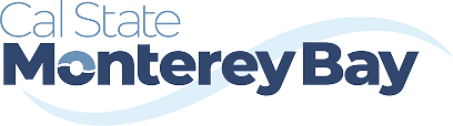 Cal State Monterey Bay wordmark in navy blue with a sweeping blue wave graphic.