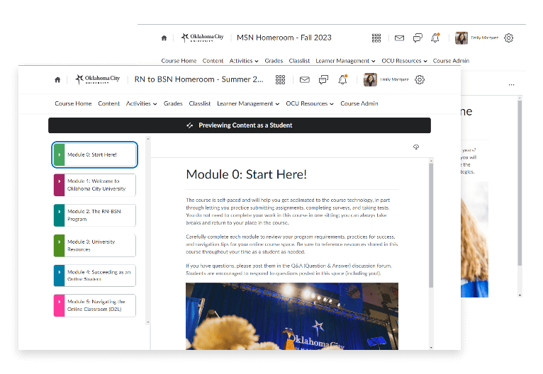 Two screens from the Oklahoma City University online classroom portal