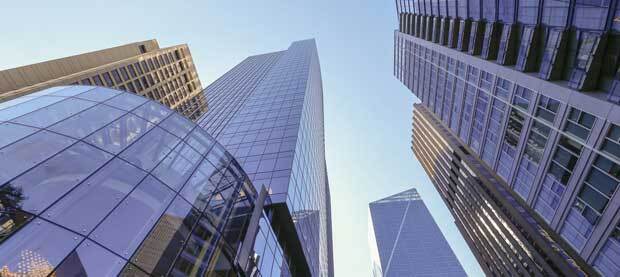 looking up to the seattle skyline from street level