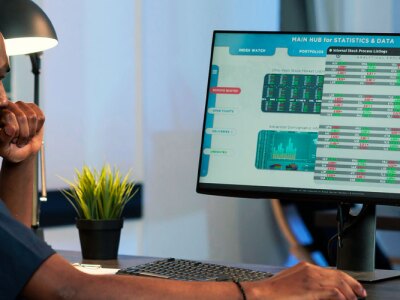 Hedge fund manager looking at stock marketing exchange statistics with global money trade and profit on computer screen.