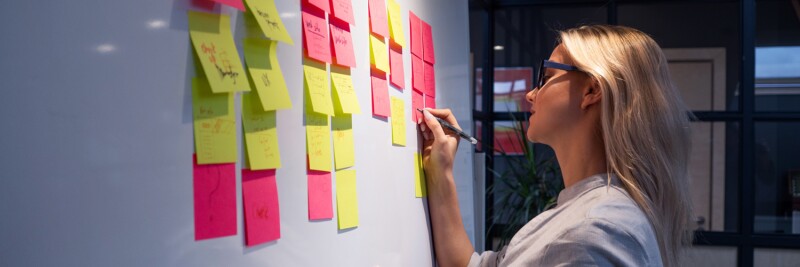 Project management, product development methodologies. Woman makes notes on a whiteboard.