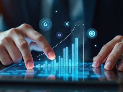 Photo of man analyzing digital graphs on tablet.