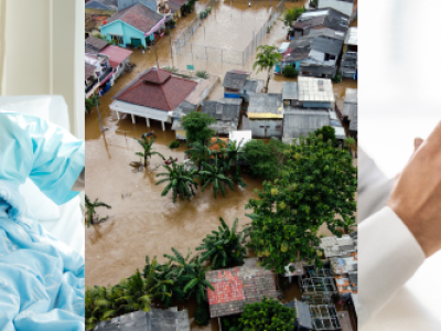 Public Health Issues Elderly Woman Flood Waters Doctor Giving Vaccine